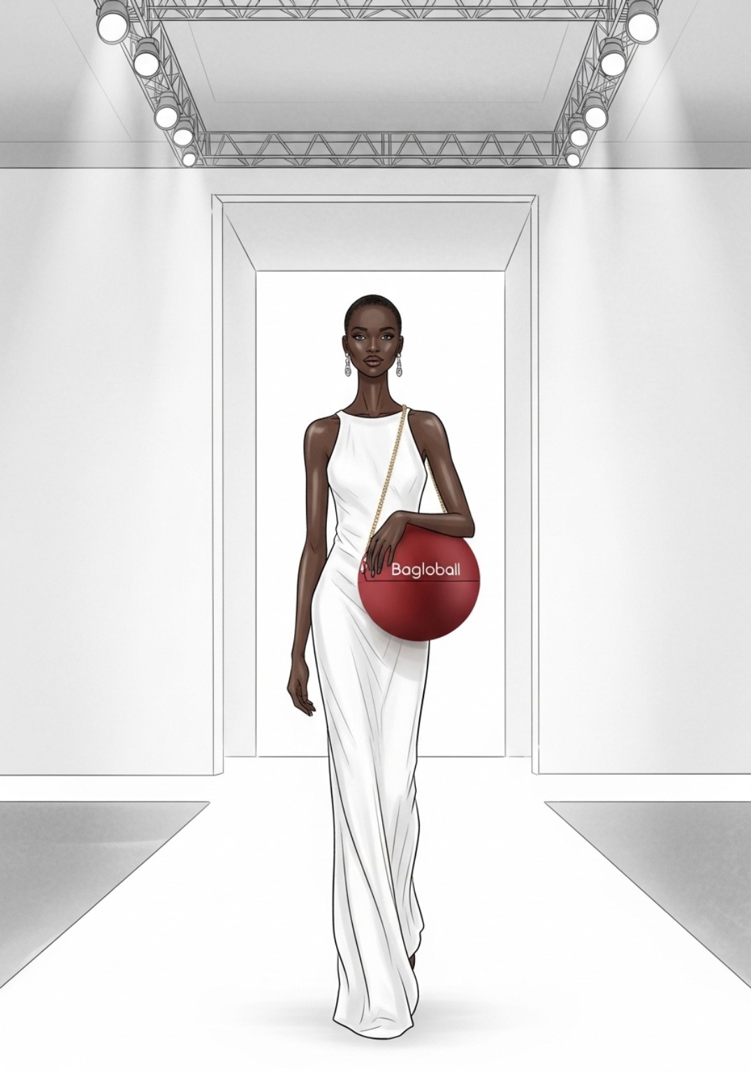 Illustration de mode Bagloball : une femme en robe blanche avec un sac sphérique bordeaux
