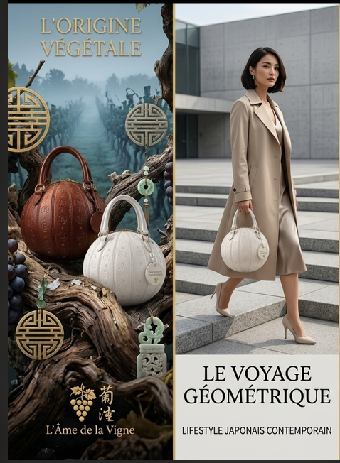 Composition avec sacs sphériques parmi la vigne et femme en manteau beige portant un sac ivoire