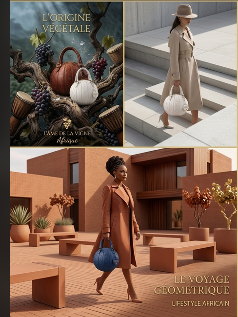 Composition de scènes de mode avec sacs sphériques ivoire et bleu, architecture et vigne