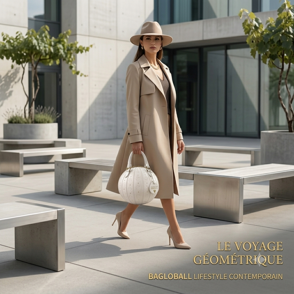 Femme en manteau beige et chapeau portant à la main un sac sphérique ivoire dans un cadre architectural