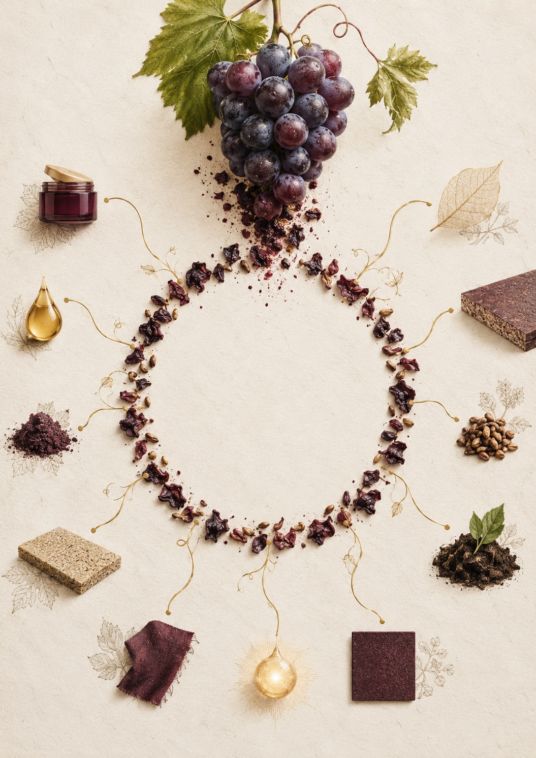 Composition illustrée : grappe de raisin, résidus et pépins, reliés à plusieurs évocations de matières